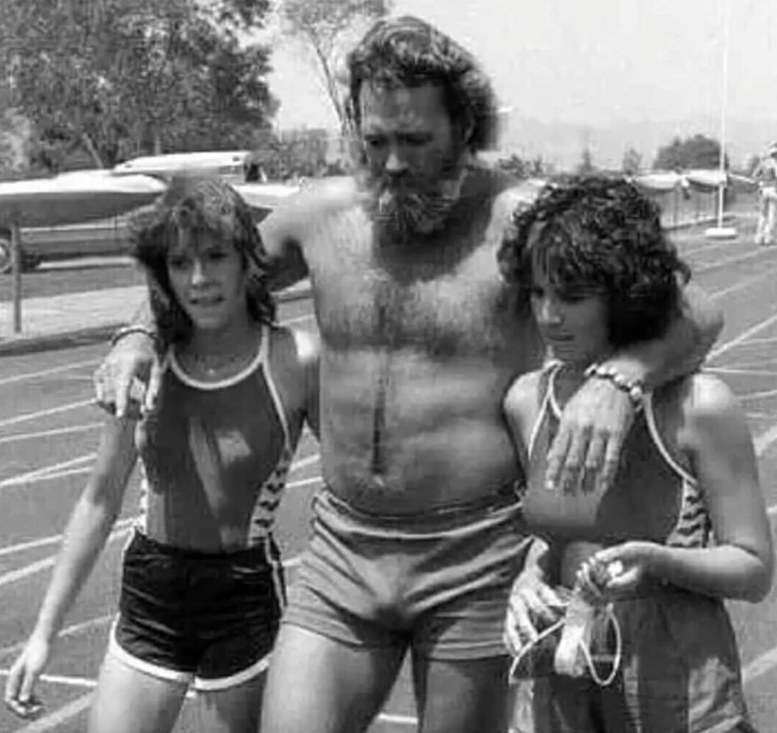 “Dan ‘Grizzly Adams’ Haggerty being helped by Kristy McNichol and Joyce Dewitt after an injury on the Battle of the Network Stars, 1977.”